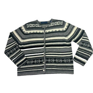 KAREN SCOTT Cardigan Sweater Women PL Wool Striped Aztec Pattern Button